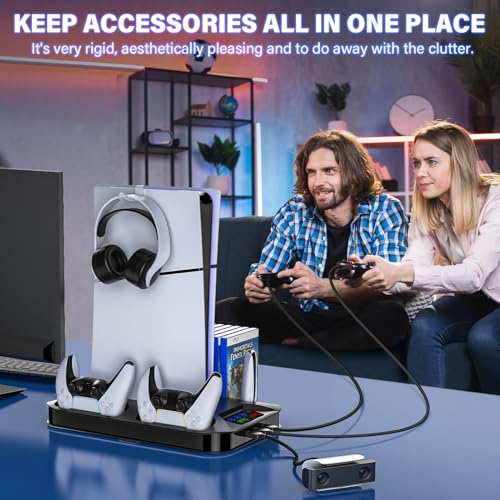 Image of PS5 / PS5 Slim Cooling Station with Controller Charging Station for PlayStation 5 Console Disc /Digital, Cooling Stand for PlayStation 5 Slim with Cooler Fan Accessories with 3 USB Hubs /Headset Holder
