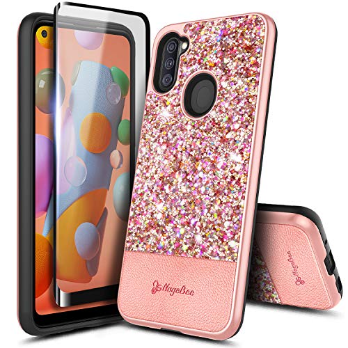 E-Began Case for Samsung Galaxy A11 with Tempered Glass Screen Protector (Full Coverage), Glitter Sparkle Shiny Bling Leather Hybrid Cover Protective Shockproof, Girls Cute Rugged Case -Rose Gold