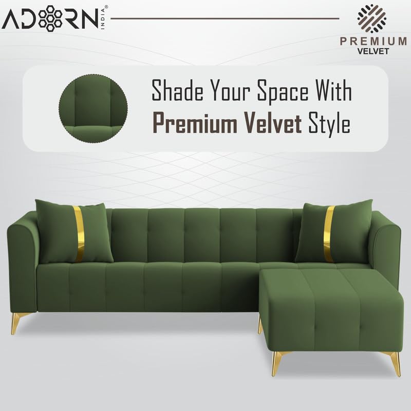 Image of Adorn India Premium Mystic - 3 Years Warranty - L Shape 5 Seater Sofa Set Velvet Suede Fabric - Green