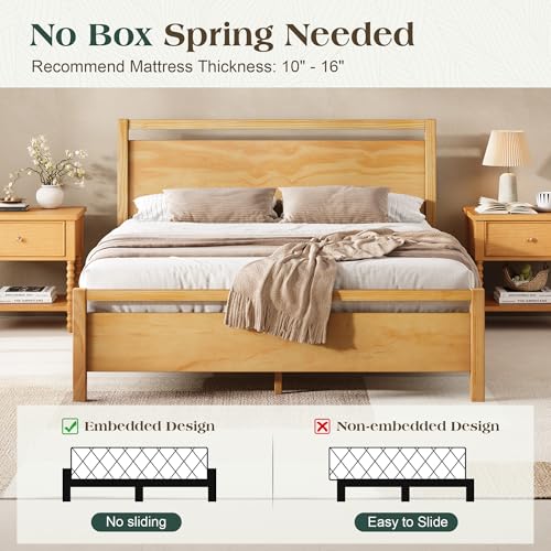 Image of AMERLIFE Queen Size Solid Wood Bed Frame with Headboard, Minimalist Platform Bed with Wood Slats Support /No Box Spring Needed /Easy Assembly /Noise-Free, Natural