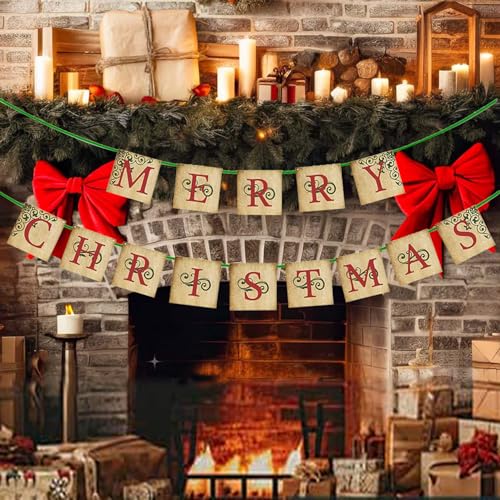 Vintage Christmas Decor - Vintage Merry Christmas Banner Sign - Nostalgic Traditional Old Fashioned Victorian Xmas Holiday Decor for Indoor Home Office Mantle Farmhouse Fireplace Christmas Decorations