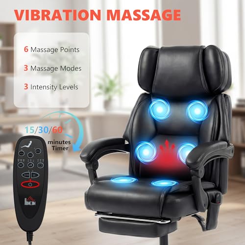 Image of HOMCOM Massage Office Chair with Lumbar Heat, Ergonomic Executive Desk Chair with Adjustable Headrest, 6 Points Vibration, High Back, Reclining, Padded Armrests, Footrest, PU Leather, Black