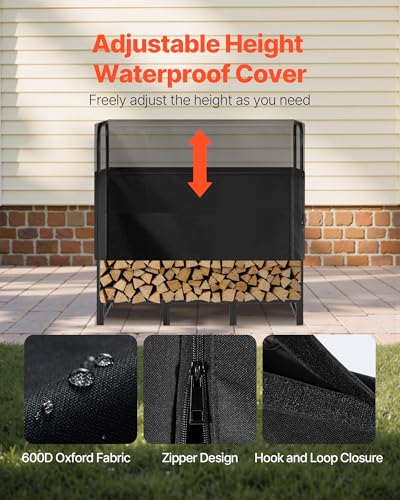 Image of VEVOR Firewood Rack with Waterproof Cover, 4 ft Outdoor Firewood Holder, 1 /4 Cord Storage Metal Log Holder, 400lb Max Weight Capacity, Top Covered, Powder-Coated Wood Storage Rack for Fireplace Deck