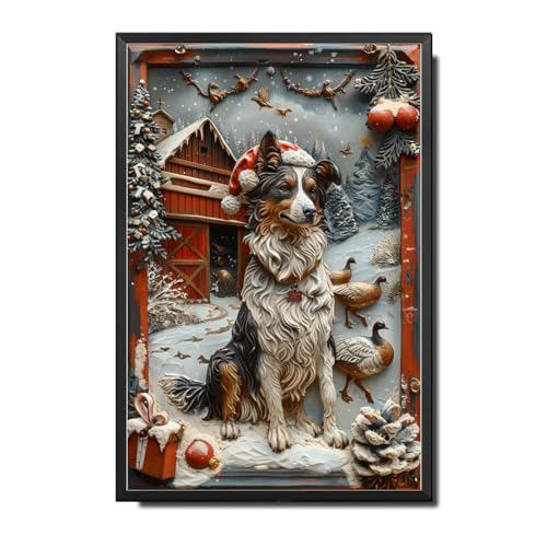 Lygond Metal Sign Tin Sign Vintage Wall Art Australian Shepherd with Merry Christmas Barn Vivid Holiday Art for Seasonal Displays Waterproof Aluminum Gift for Club 12×16 Inches with Metal Frame