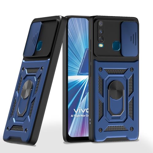 Image of Pikkme Back Cover for Vivo Y12 / Y15 / Y17 / U10 | Sliding Camera Shield with Ring Stand | D10 Full Camera Protection Bumper Case (Blue)