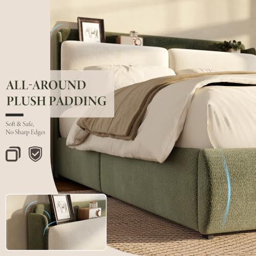 Image of Garvee Chenille Fabric Queen Size Bed Frame with 2 Storage Drawers - Green
