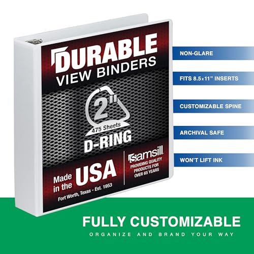 Image of Samsill Durable 2 Inch Binder, D Ring Binder, Customizable Clear View Cover, Pearl White, Holds 475 Pages