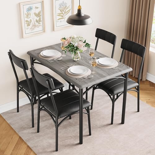 Image of Garvee Farmhouse Dining Table Set for 4, Small Kitchen Table with 4 Upholstered Chairs, 5-Piece Dining Set for Apartment, Dining Room, Small Space, Gray