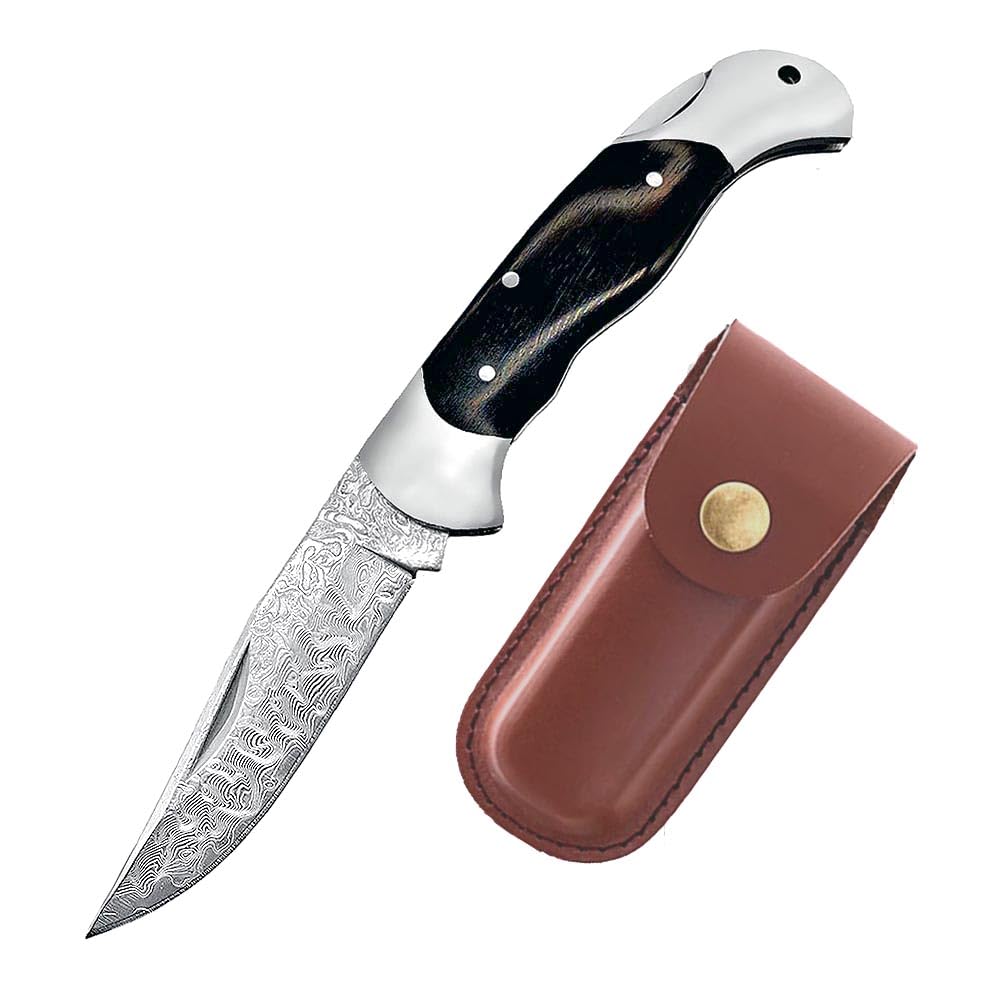 Joa Taschenmesser 7cm Klappmesser Hochwertig Geschmiedet Aus Damaszener Damaststahl Holzgriff mit Holster