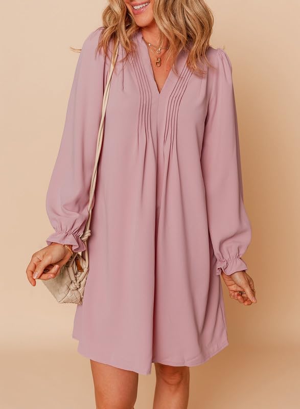 Image of Dokotoo Womens Casual Dress A-Line Ruffle Sleeve V Neck Midi Dress 2025 Fashion Pleated Flowy Sundress Loose Shirt Dresses