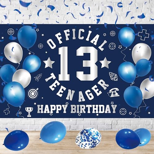 Image of Happy 13th Birthday Decorations Large Official Teenager Backdrop Banner for Boys Girls Navy Blue White 13 Year Old Birthday Party Photo Props Decor