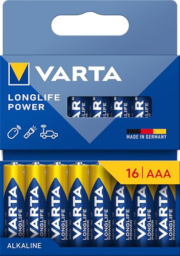 VARTA Longlife Power - Pilas alcalinas AAA (16 Unidades, 1,5 V, Ideal para cámara Digital, Controlador, Monitor de presión Arterial Embalaje sin plástico)