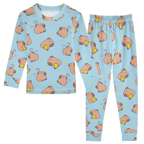 Capybara with Stars Blue Pattern Cute Pajama Sets Long Sleeve Top and Pants, Snug Fit Sleepwear for Night Wears