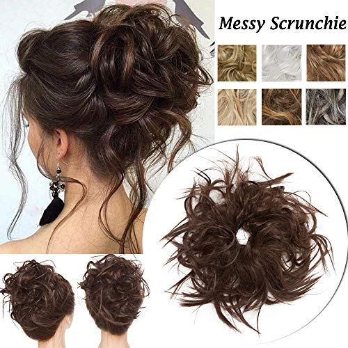 Messy Scrunchie Hair Bun Extension With Elastic Rubber Band Wrap On Fluffy Hair Extensions Updo Chignon Donut Messy Ponytail Hairpiece Tousled Hair Bun Synthetic For Women (Medium Brown)
