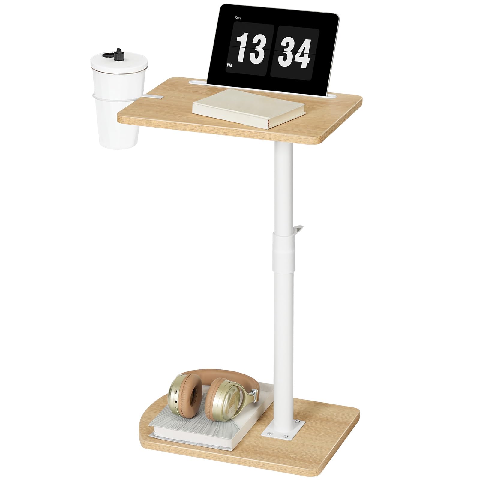 HOOBRO Mesa Auxiliar en Forma de C, Mesa de Sofá Giratoria 360°, Portavasos Extraíble y Ranura para Tableta, Salón, Dormitorio, Blanco y Natural EWN34SF01