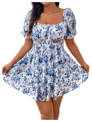 WDIRARA Women's Plus Size Floral Print Square Neck Puff Short Sleeve Dress Layered Ruffle Hem A Line Dresses