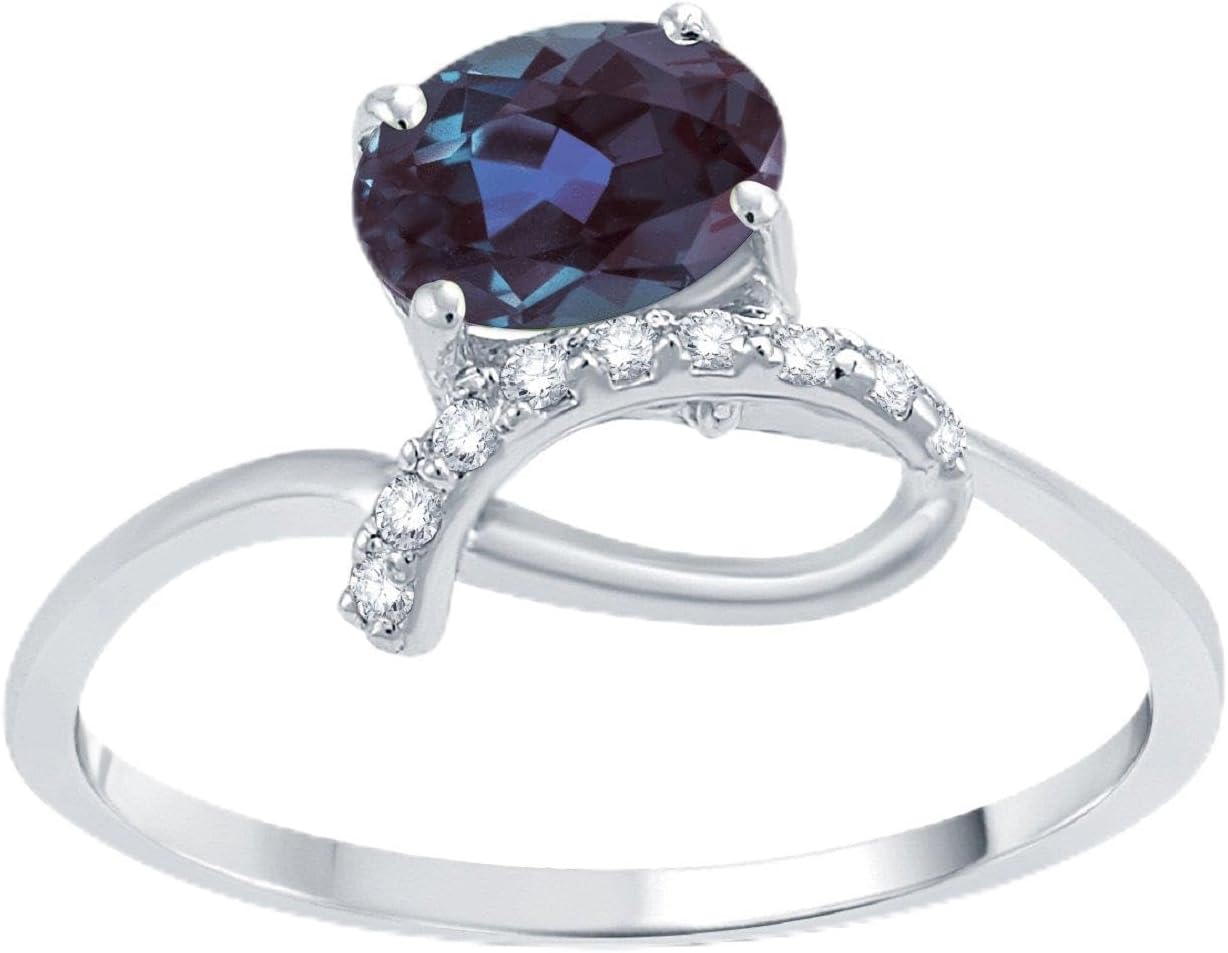 925 Sterling Silver with 0.93 CTTW Oval Shape Color Changing Alexandrite and White Topaz Promise Engagement Wedding Ring for Women's