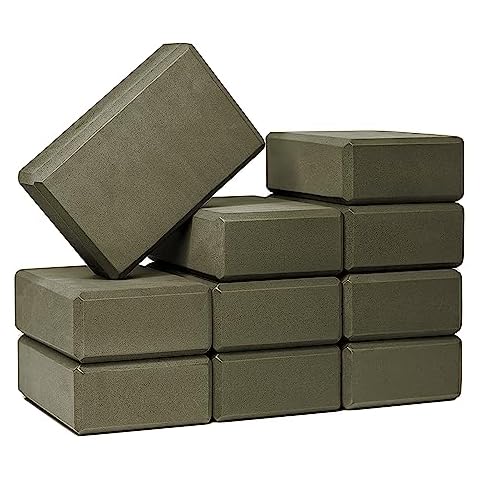 Sunshine Yoga 3" Yoga Block, 10 Pack Bulk EVA Foam Yoga Blocks, Firm and Supportive Yoga Brick for Stretching, Pilates, and Workout, Balance Foam for Schools and Studios, 3" x 6" x 9", Olive Green Cover