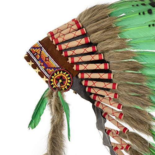 Pink Pineapple Handcrafted Native American Inspired Feather Headdress - Medium Length - Lime Green with Black Spots - Image 2