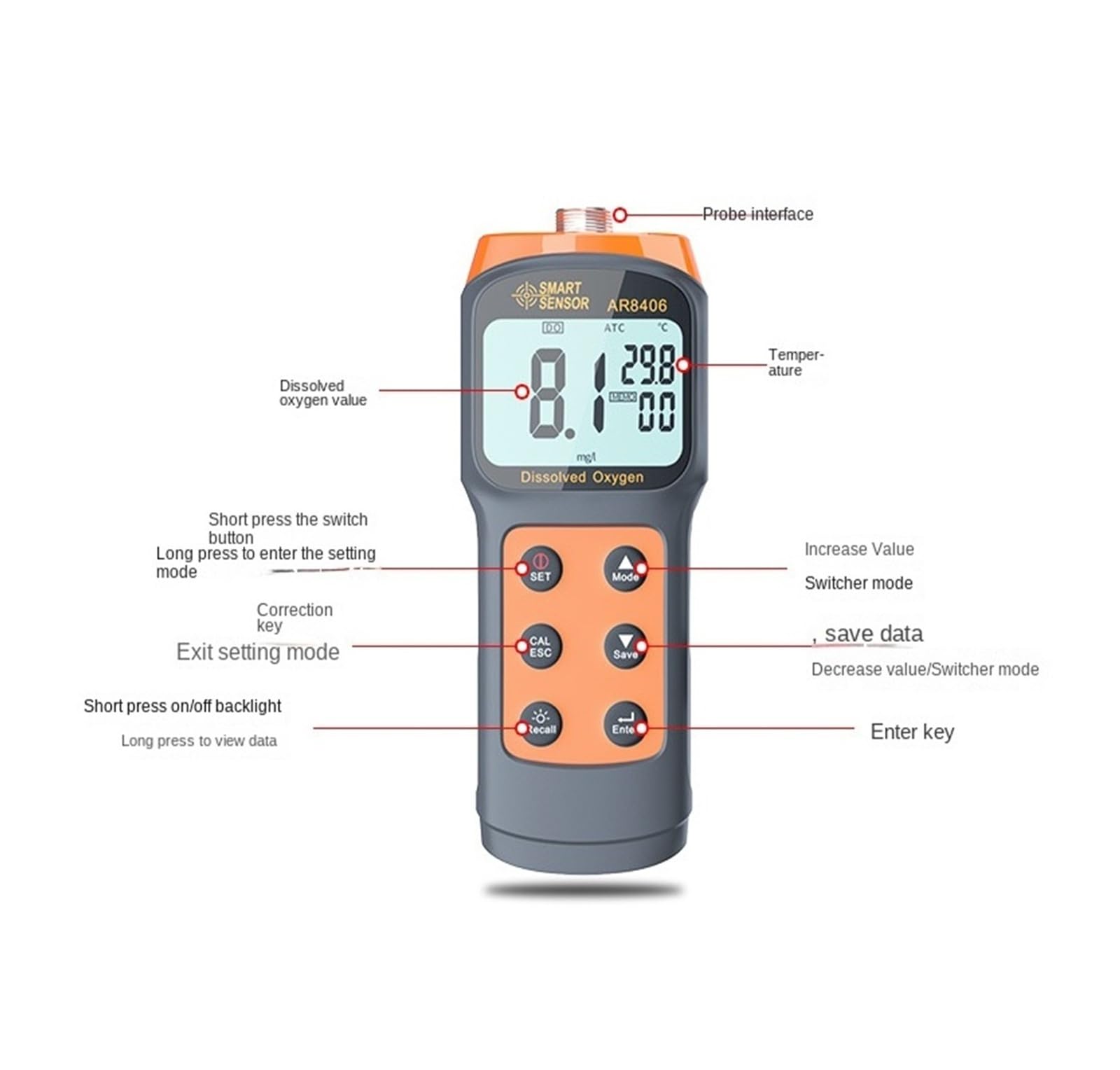 KOSBO Medidor de oxígeno disuelto con Pantalla Digital, comprobador de Calidad del Agua, medición precisa AR8406