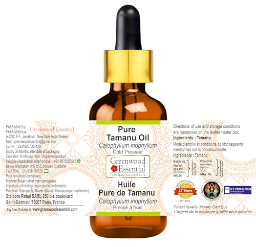 Image of Greenwood Essential Pure Tamanu Oil (Calophyllum inophyllum) with Glass Dropper | Cold Pressed | Natural | Undiluted | For Diluting Essential Oils | For Hair, Skin & Massage | Men & Women | 15ml
