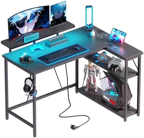 L Shaped Gaming Desk with RGB LED Lights & Power Outlets, 100 cm ...