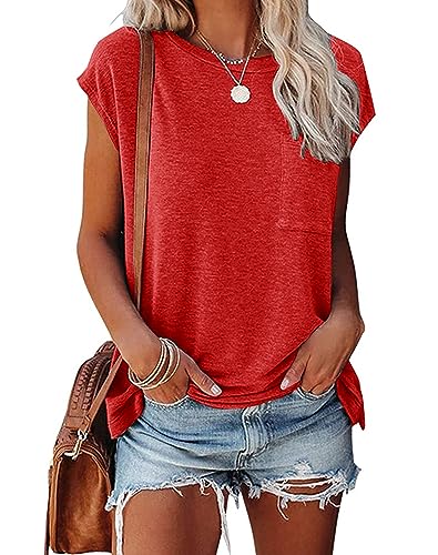 Smile Fish Womens Summer Short Cap Sleeve Shirts Solid Loose Fit Pocket Tunic Tops
