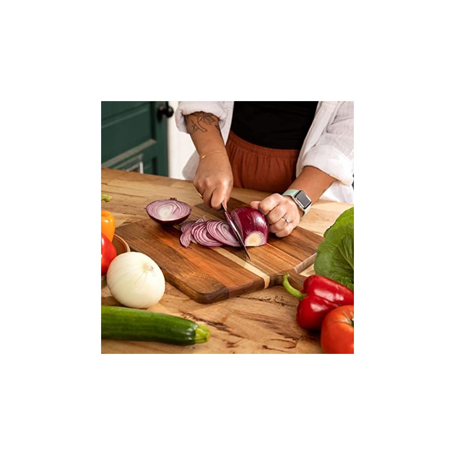 Acacia Wood Cutting Board and Chopping Board with Handle for Meat, Cheese Board, Vegetables, Bread, and Charcuterie - Decorative Wooden Serving Board for Kitchen and Dining Room, Large 17” x 13”