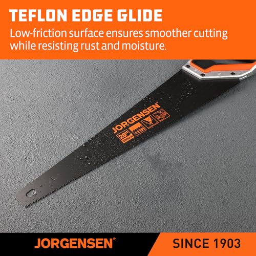 JORGENSEN 20 Inch Black Coated Pro Hand Saw, 11 TPI Fine-Cut Ergonomic Non-Slip Aluminum Ultrasonic Welding Handle for Sawing, Trimming, Gardening, Woodworking, Drywall, Plastic Pipes - Image 4