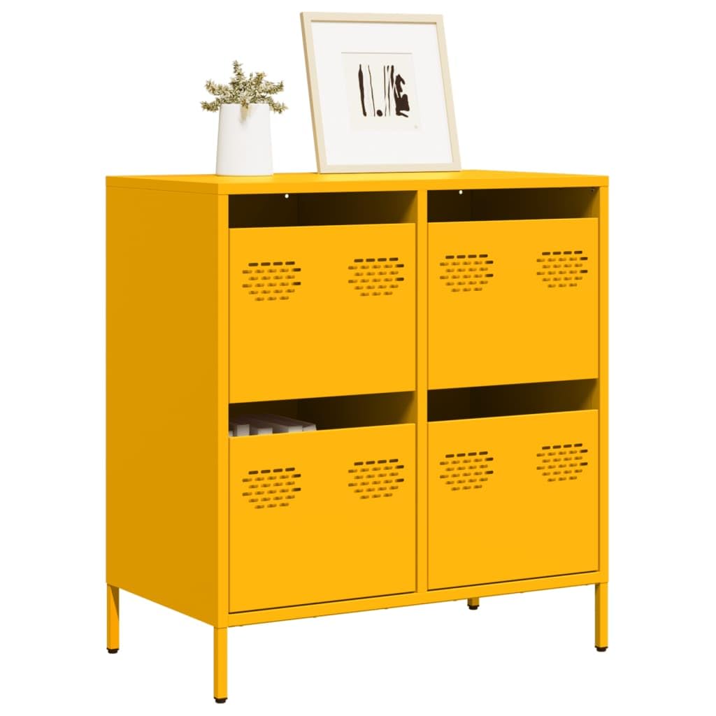 Mueble auxiliar amarillo mostaza para organizar la oficina en casa y el salón moderno