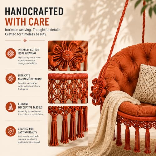 Image of Premium King Size Hammock Chair Swing with Cushion, 200kg Capacity | Indoor Outdoor Heavy Duty Adults & Kids Hanging Jhula for Home, Garden, Patio & Balcony | 1 Yr Warranty (Rust Orange)