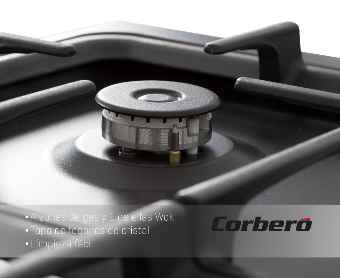 Corberó - Cocina de Gas Butano Excellence 60cm | CCSF6022NR | 4 Fuegos | Horno 55L con puerta triple cristal| Función Ruste pollos | Tapa Fogones Cristal| Wok con Quemado| Negro Rústica
