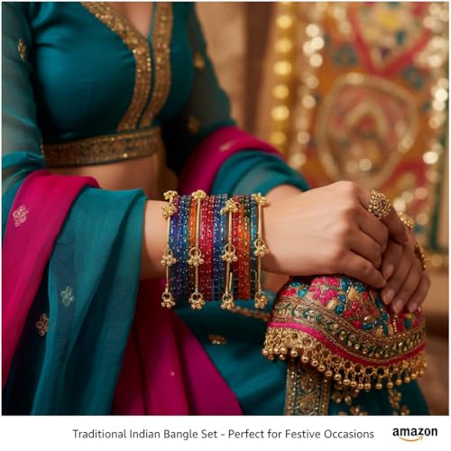 Image of Kashmiri Ghangharoo Glass Bangle Set for Women| Light Weight Bangles | Traditional Transparent Fancy Glass Chudi Set for Wedding, Party|Set Of 16(12 Glass + 4 ghungroo bangles)