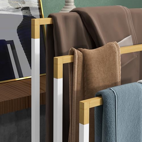 Miniatura 8 de Kleankin Toallero Escalera De 3 Niveles Toallero De Pie Con 3 Barras De Bambú Y Marco De Acero Toallero Para Baño Lavadero 45x22,5x86 Cm Blanco Y Natural