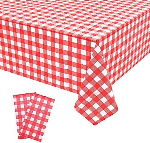 2 Pack Red Gingham Tablecloth Decorations, Red and White Checkered Background Disposable Plastic Tablecloth, 54 x 108 Inch Tablecloth for Birthday Party, Outdoor Dinner, Holiday Party Decorations