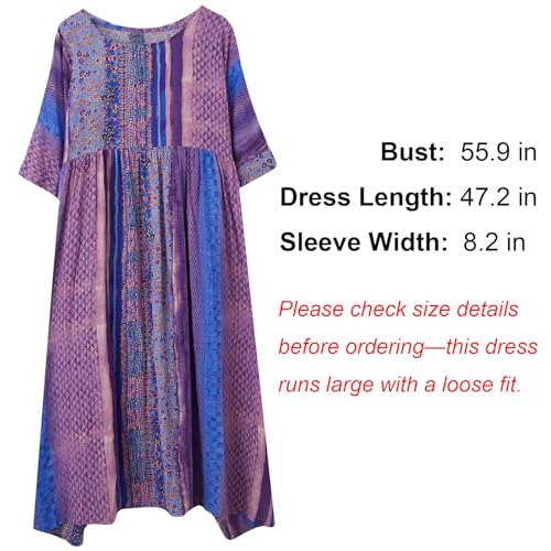 Women Summer Dress with Pockets Plus Size Boho Floral Print Round Neck Loose Casual Purple Flowy Dress3