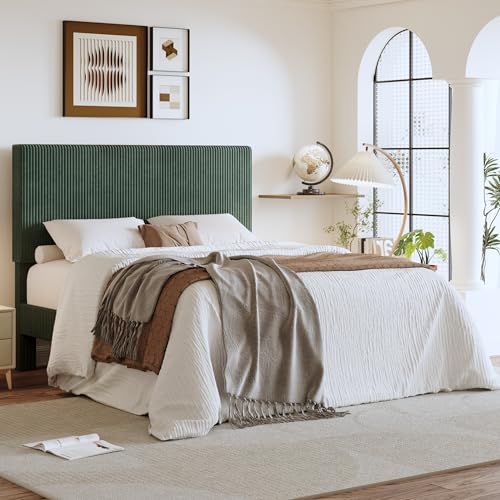 SHA CERLIN Queen Bed Frame Velvet Platform Bed Frame with Vertical Channel Tufted Headboard Upholstered Corduroy Strong Wooden Slats No Box Spring Needed Easy Assembly Dark Green