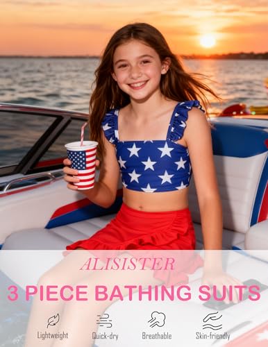 Image of ALISISTER Girls Swimsuit 3 Piece Bathing Suits Summer Bikini Tankini Sets with Cover Up Skirt for 4-12 Years