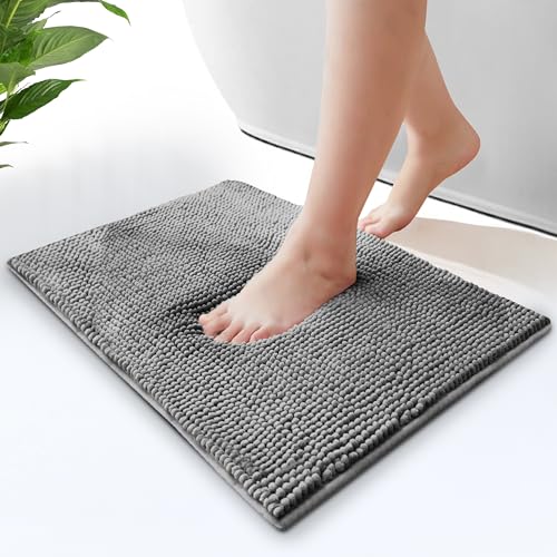 Hafaa Grey Bath Mat Non Slip Anti Mould – Chenille Shower Mat 40 x 60 cm Machine Washable Bathroom Mats Super Absorbent Extra Soft Fluffy Bathmat