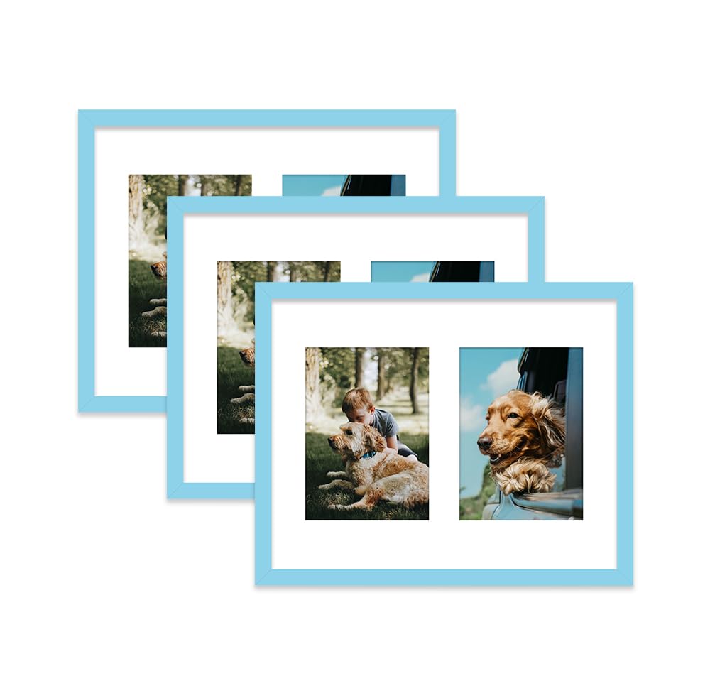 Light Blue Multi Photo Frame - Holds 2 x 7x5 Pictures, Family Collage Picture Frame for Wall Display, 14x11 Frame size, Set of 3