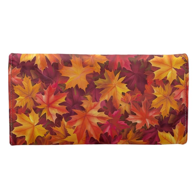 Fall Maple Leaves Leather Trifold Wallet for Women Orange Falling Leaf Print Magnet Buckle Card Holder Purse, Autumn Style Long Slim Wallet Zipper Money Manager4