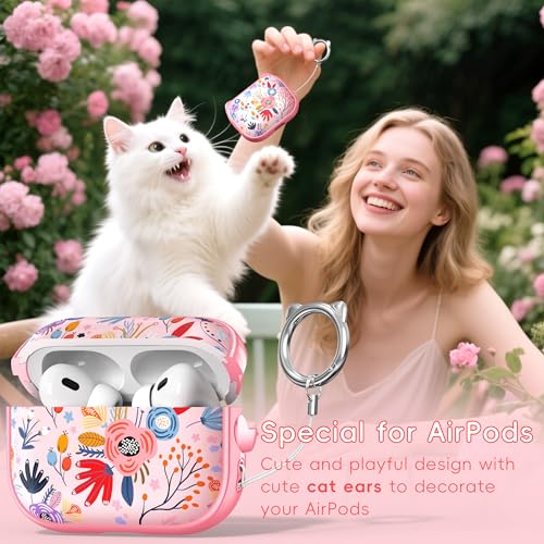 Image of for AirPods Pro 2 Case with Cleaning Kit, Cute Cat Ear Print Design & Cute Buckle for Girls, Phone Holder & Top Safe Lock Buckle Design for AirPods Pro 2nd /1st Gen case, Pink Flower