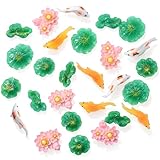 Styquenzer 30 PCS Mini Resin Lotus Pond Figurines, Mini Fish, Tiny Koi Fish and Lotus Leaves, Micro Landscape Decor for Terrarium Fairy Garden Cake Moss Scenery