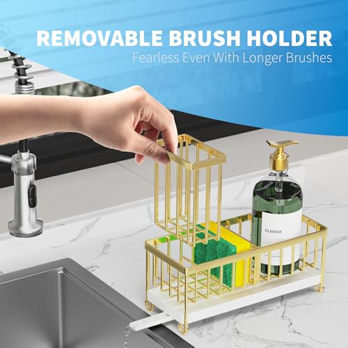Image of Cisily Sponge Holder for Kitchen Sink, Sink Caddy Organizer with High Brush Holder, Kitchen Countertop Organizers and Storage Essentials, Rustproof 304 Stainless Steel (Gold, 9.25″)