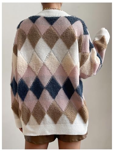 SOLY HUX Women's Argyle Cardigan Plaid Button Down V Neck Long Sleeve Casual Cardigans Sweater2