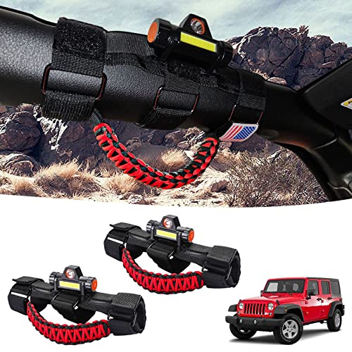 GAIZON 2 Pack Grab Handles Roll Bar Paracord for Jeep Wrangler Accessories Sahara Freedom Rubicon CJ YJ TJ JL JK LJ JLU JKU,Gladiator JT 1955-2024 Interior Accessory,Grip Handle with LED Light (Red)