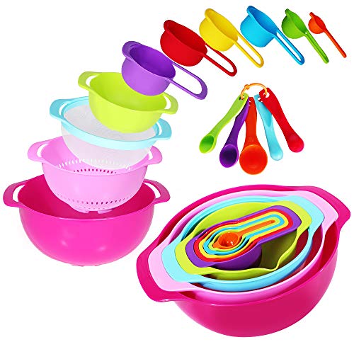 15 Piece Mixing Bowl Set Colorful Kitchen Bowls Colander Mesh Strainer with Handles Stackable Measuring Cups and Spoons Plastic Nesting Bowls with Easy Pour Spout for Kitchen Cooking and More