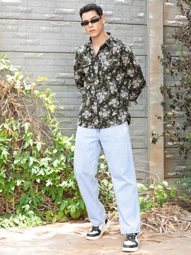 Image of Thomas Scott Men Slim Fit Pure Cotton Corduroy Floral Printed Semi-Formal Shirt