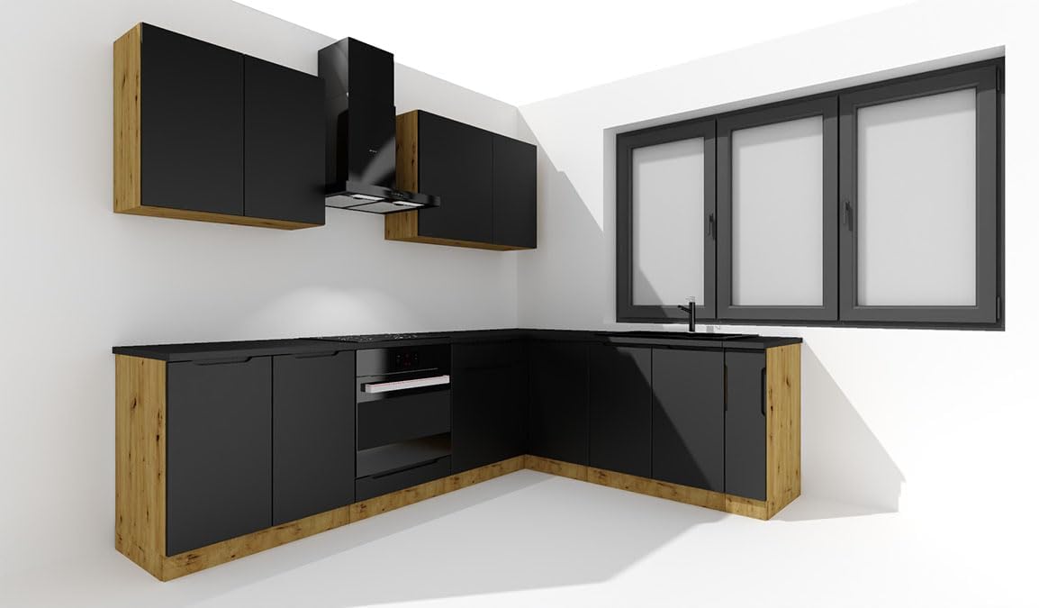 PEGANE Cuisine complète d'angle ISYA 9 éléments Couleur Noir/Chêne Artisan - Longueur 200/260 cm