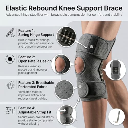 Image of JERN Knee Support Brace with Rebound Assist, Open Patella Stabilizer, Breathable Perforated Fabric, Adjustable Wrap-Around Straps for Running, Weightlifting, Outdoor Sports (Grey)